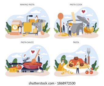 Spaghetti or pasta set. Italian food on the plate. Delicious dinner, meat dish. Mushroom, meatball, tomatoes ingredients. Isolated vector illustration in cartoon style