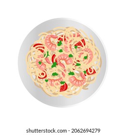 spaghetti pasta with shrimps cherry tomatoes parsley on plate top view vector illustration