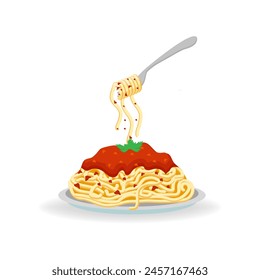 Spaghetti-Nudeln mit Garnelen, Kirschtomaten und Petersilie auf blauem Teller. Italienische Küche. Vektorillustration.