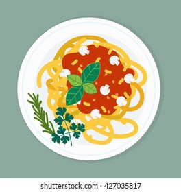 Spaghetti pasta with tomato slices on white background