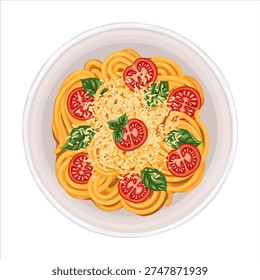 Spaghetti pasta top view vector cartoon illustration. Italian food with tomato and cheese for mediterranean cafe menu and template. Isolated meal drawing design perfect for delivery graphic.