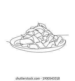Spaghetti pasta and vegetables mix   bacon white plate    Continuous one line drawing
