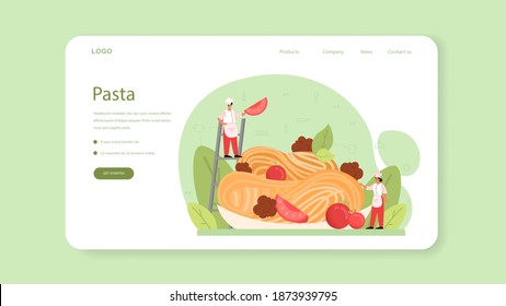 Spaghetti or pasta web banner or landing page. Italian food on the plate. Delicious dinner, meat dish. Mushroom, meatball, tomatoes ingredients. Isolated vector illustration in cartoon style