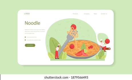 Spaghetti or pasta web banner or landing page. Italian food on the plate. Delicious dinner, meat dish. Mushroom, meatball, tomatoes ingredients. Isolated vector illustration in cartoon style