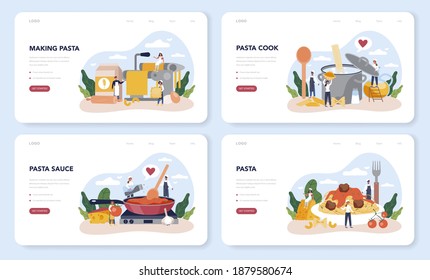 Spaghetti or pasta web banner or landing page set. Italian food on the plate. Delicious dinner, meat dish. Mushroom, meatball, tomatoes ingredients. Isolated vector illustration in cartoon style