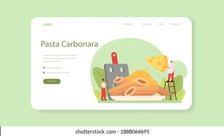Spaghetti or pasta web banner or landing page. Italian food on the plate. Delicious dinner, meat dish. Mushroom, meatball, tomatoes ingredients. Isolated vector illustration in cartoon style