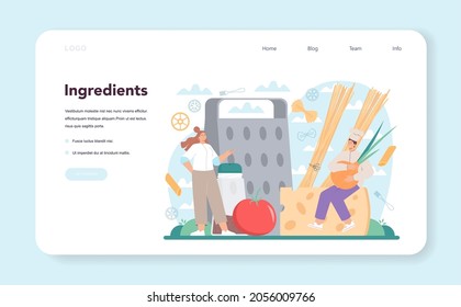 Spaghetti or pasta web banner or landing page. Italian food on the plate. Delicious dinner, meat dish. Mushroom, meatball, tomatoes ingredients. Isolated vector illustration in cartoon style
