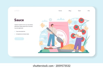 Spaghetti or pasta web banner or landing page. Italian food on the plate. Delicious dinner, meat dish. Mushroom, meatball, tomatoes ingredients. Isolated vector illustration in cartoon style
