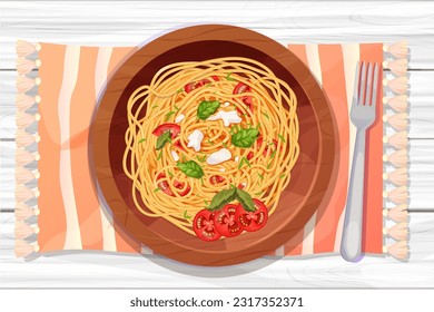Spaghetti Pasta in wooden plate with tomatos, basil, mozzarella in cartoon style top view detailed and textured on wooden background. food, italian cuisine