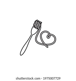 Spaghetti pasta wrapped around fork nas hanging in heart shape vector line icon for National Pasta Day on October 17