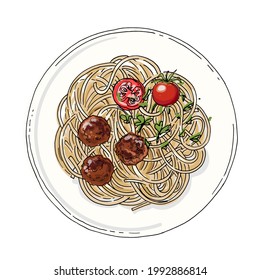 Spaghetti. Pastavector sketch on a white background. Ink sketch of food. Italian food. 