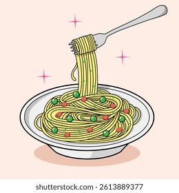 spaghetti with peas and tomatoes, isolated food concept illustration, flat cartoon food