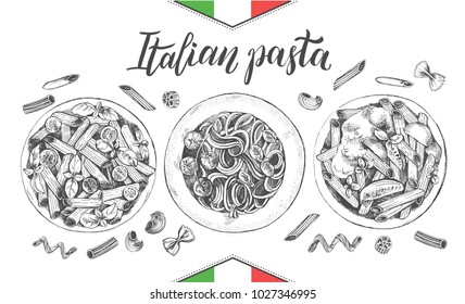 Spaghetti   penne pasta and cherry tomatoes   basil  Dish Italian cuisine  Ink hand drawn set and brush calligraphy style lettering  Vector illustration  Top view  Food elements collection 