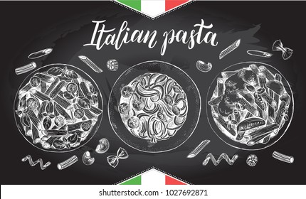 Spaghetti and penne pasta with cherry tomatoes and basil. Dish of Italian cuisine. Ink hand drawn set with brush calligraphy lettering. Vector illustration. Top view. Food elements. Chalkboard style.