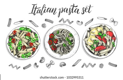 Spaghetti and penne pasta with cherry tomatoes and basil. Dish of Italian cuisine. Ink hand drawn set with brush calligraphy style lettering. Vector illustration. Top view. Food elements collection.