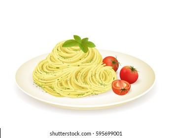 Spaghetti with pesto isolated on white vector illustration