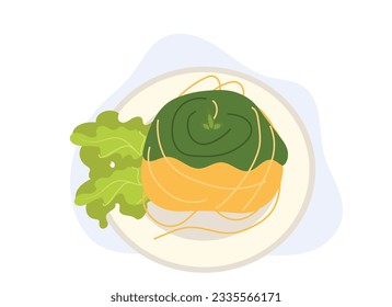 Espagueti con salsa de pesto. Vista superior. Ilustración de dibujos animados de vector plano