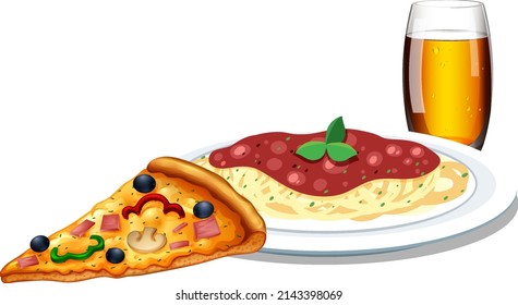 Spaghetti pizza and beer illustration
