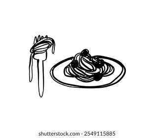 Espaguetis en un plato y en un tenedor en estilo doodle. Ilustración vectorial para el diseño.