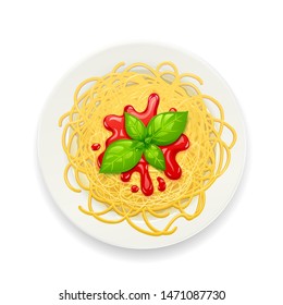 Spaghetti at plate. Pasta with ketchup. Noodles decorated basil leaf. Italian traditional food Isolated on white background. Eps10 vector illustration.