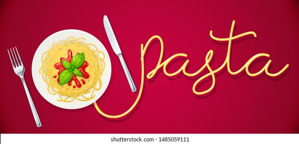 Spaghetti at plate. Pasta with ketchup. Noodles decorated basil leaf. Concept design for italian traditional food. Red background. Eps10 vector illustration.