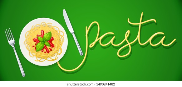 Spaghetti at plate. Pasta with ketchup. Noodles decorated basil leaf. Concept design for italian traditional food. Green background. Eps10 vector illustration.