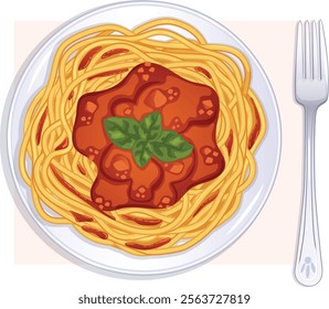 Spaghetti Plate with Tomato Sauce and Basil Toppings. Pasta Al Pomodoro Traditional Italian Dish Top View with Fork 