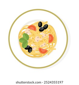 Espaguetis en plato con tomates, albahaca, champiñones y aceitunas. Pasta con verduras. Comida tradicional italiana, cocina. Ilustración vectorial, aislado en el fondo blanco.