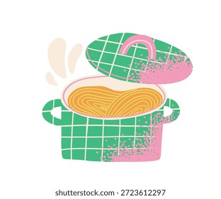 Spaghetti pot, hand drawn textural illustration. Pasta, Italian food, kitchen utensils.