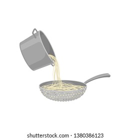 Spaghetti poured into a sieve. Vector illustration on white background.