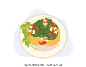 Spaghetti with prawns or shrimps in homemade pesto sauce. Top view. Flat vector cartoon illustration