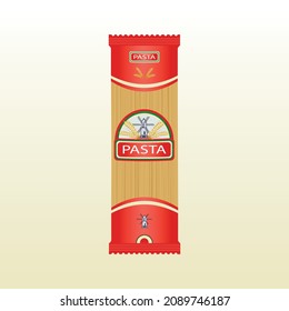spaghetti in a red package on a pale beige background