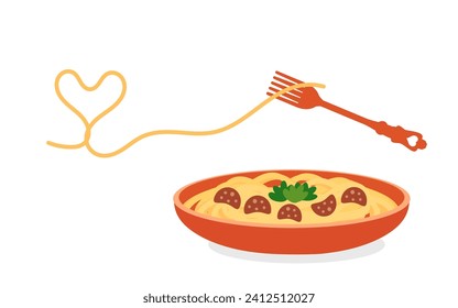 Spaghetti in red plate and fork isolate on white background vector illustration.