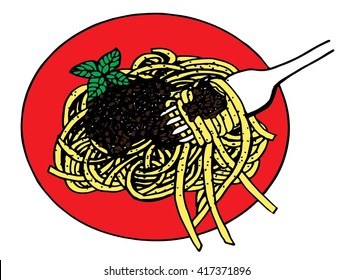spaghetti in red plate, hand drawing