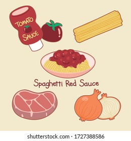 Ingredientes Spaghetti Red Sauce, vectores, Ilustración, alimentos