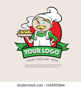 Spaghetti restaurant logo with italian chef cartoon character vector illustration.