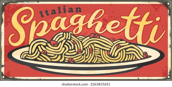 Spaghetti retro promotional sign for Italian restaurant. Pasta menu design with delicious hot spaghetti on old red background. Food vector illustration.