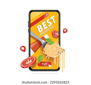 Spaghetti roll foranda, ketchup botella, sliced・tomates aparece en la pantalla del smartphone después de que el cliente presione el botón de compra de abajo, vector 3d aislado para el concepto de entrega de alimentos, vector para publicidad