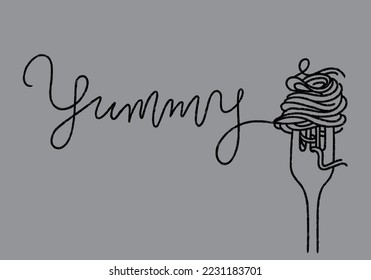 spaghetti roll with fork line art and yummy typography vector illustration for decoration