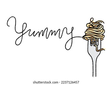 rollo de espagueti con arte de línea de horquilla, coloreado y yummy tipografía ilustración vectorial para la decoración