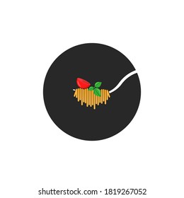 Espagueti enrollado en un tenedor con tomate cereza y hojas de albahaca verde sobre un logo de comida redondeado de fondo negro, emblema del menú para un restaurante de pasta.