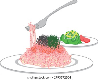 espagueti con salsa de huevo de bacalao salado pasta e ilustración de ensalada
