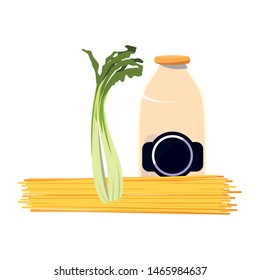 spaghetti scallion and milk bottle