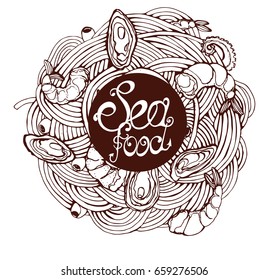spaghetti with seafood, handmade graphics, lettering seafood,white background, vector