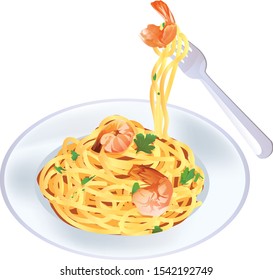 Spaghetti Seafood Shrimps, vector Illustrator