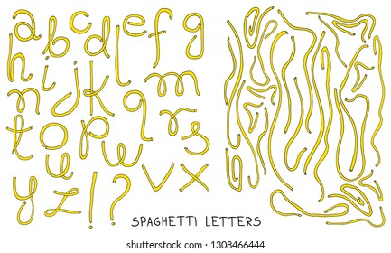 A spaghetti shaped font with a set of pasta, on white background