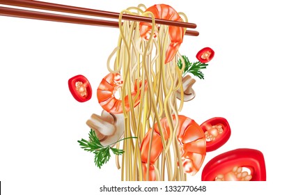 Spaghetti with shrimp and chili pepper, mushroom ads. Realistic vector 3D illustration, Of free space for your texts and branding.