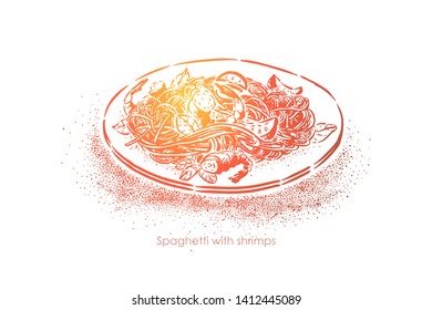 Spaghetti with shrimps, boiled noodles with seafood, delicious gourmet dinner, national cuisine, pasta with prawns