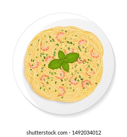 Spaghetti with shrimps. Cartoon style. Vector illustration. Isolated on white.