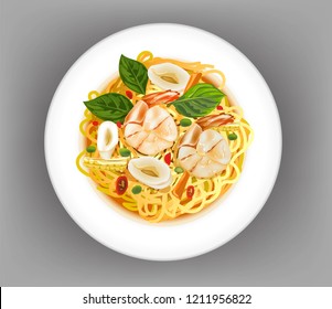 Spaghetti with shrimps and squid